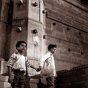 Two boys along the bathing ghats in Banaras - Click Here for Thumbnails